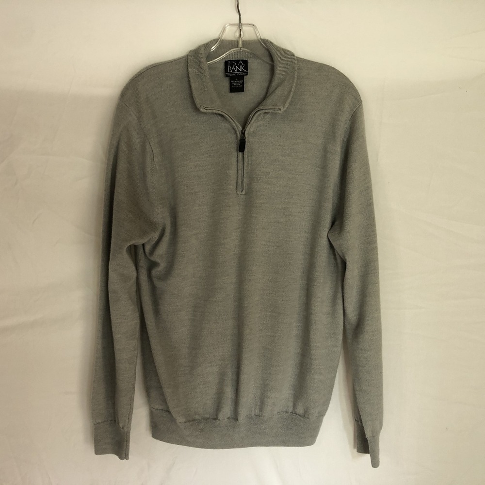 Jos A Bank Sweater Mens Large Gray Merino Wool 1/4 Zip Mock Neck Knit Pullover